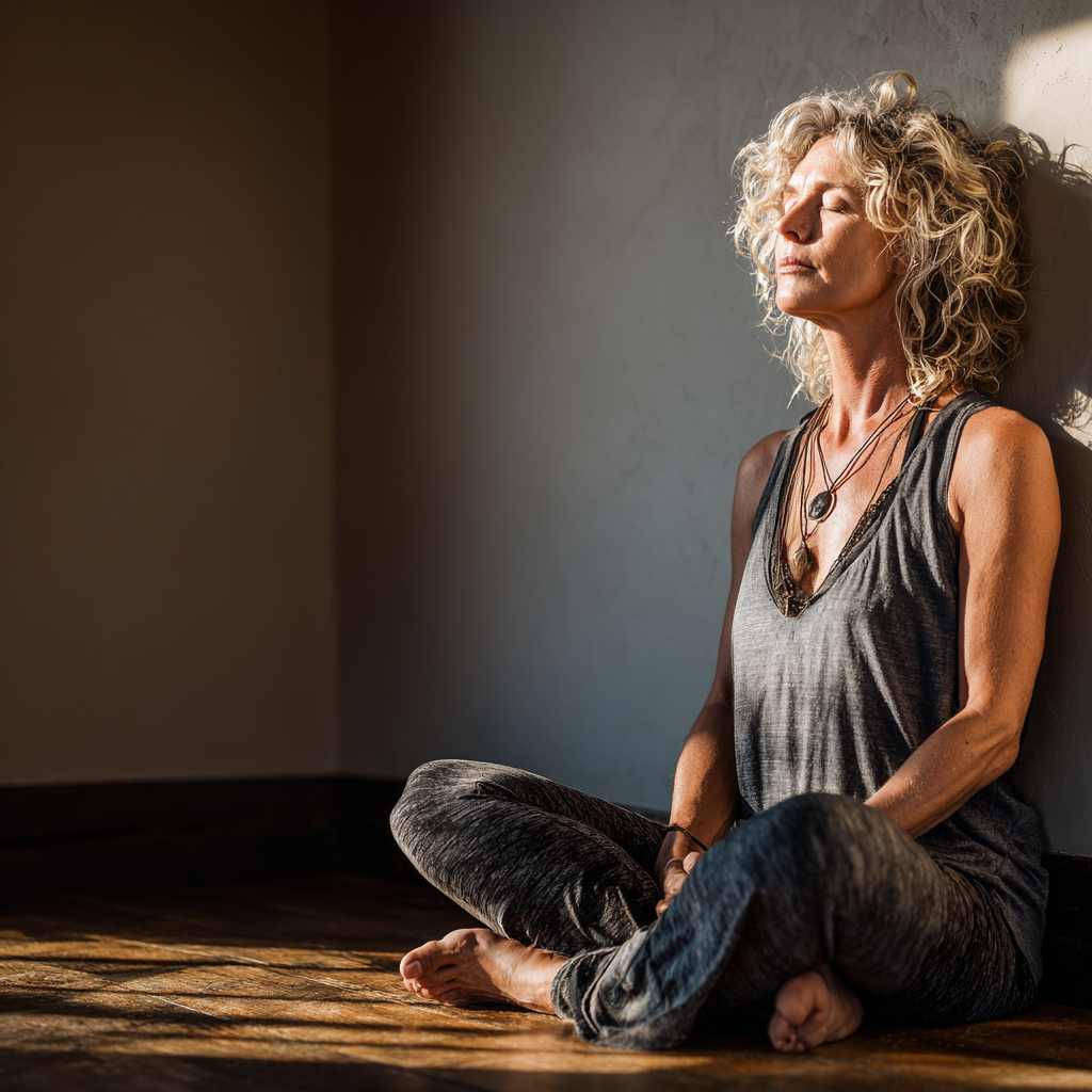 Жінка віком 52 років медитує в тихому куточку студії йоги, створюючи атмосферу глибокого спокою та зосередженості