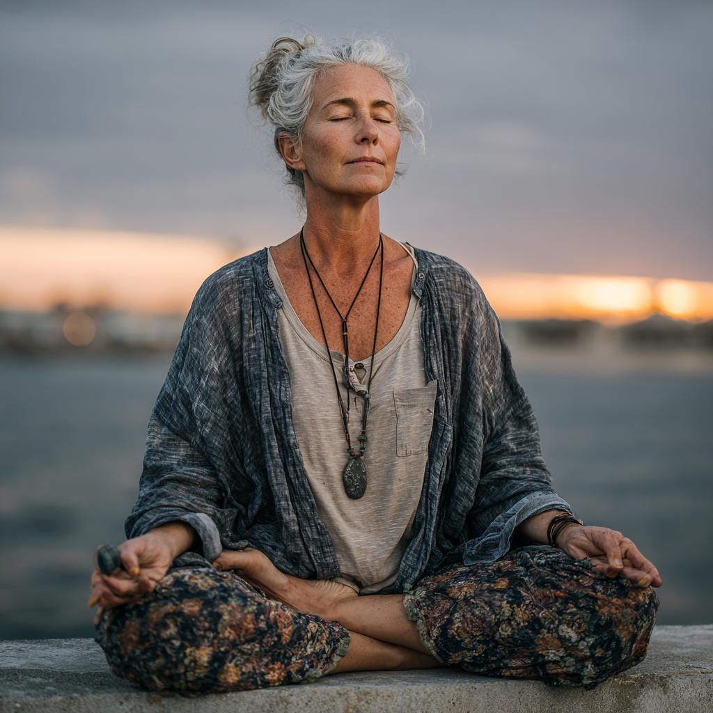 Жінка віком 55 років виконує асану в позі лотоса на фоні заходу сонця, демонструючи гармонію та спокій йоги
