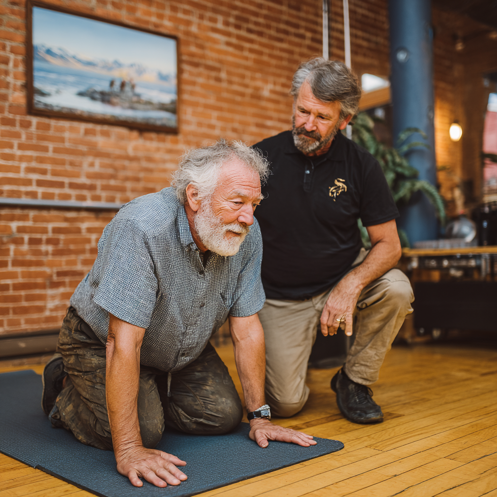 Чоловік у віці 58 років робить перші кроки в йозі під керівництвом досвідченого інструктора в затишній студії