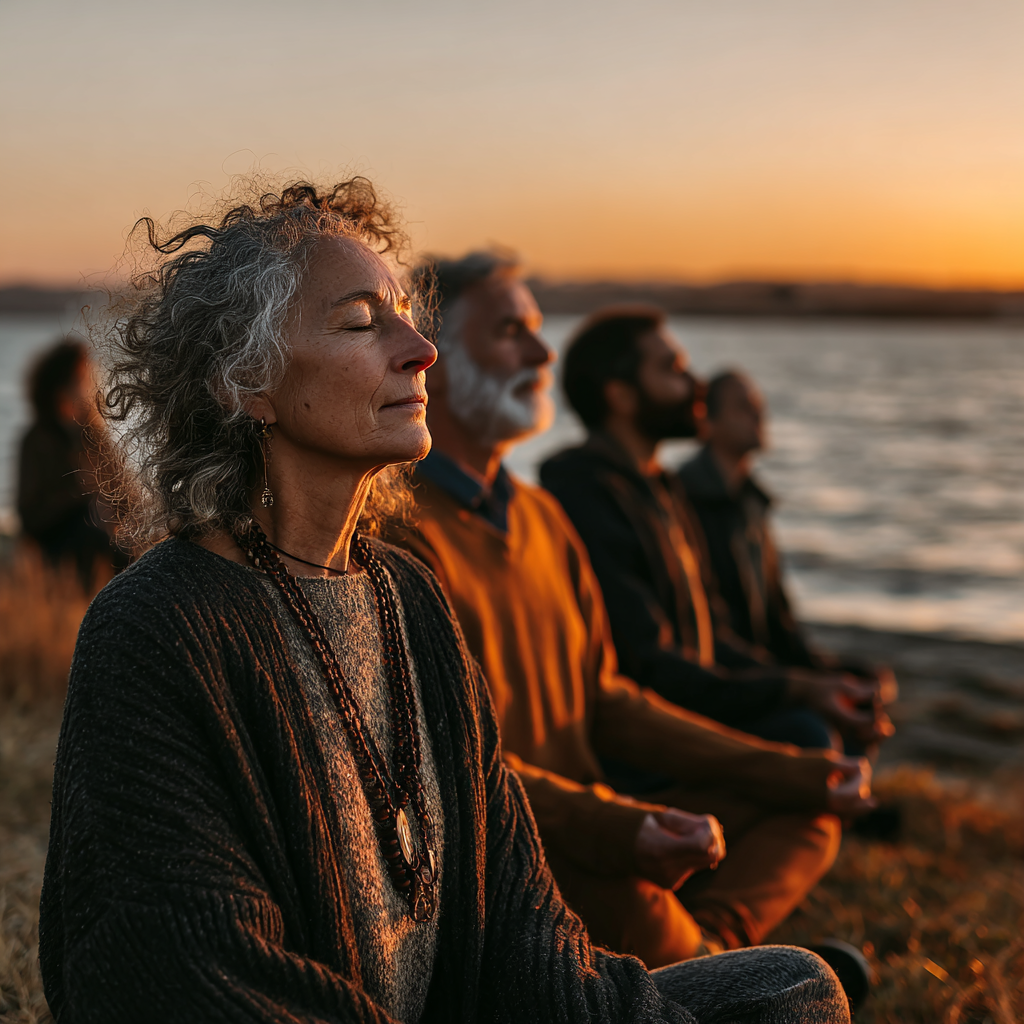 Група людей віком 50-60 років медитує на природі біля озера під час заходу сонця, демонструючи єдність з природою